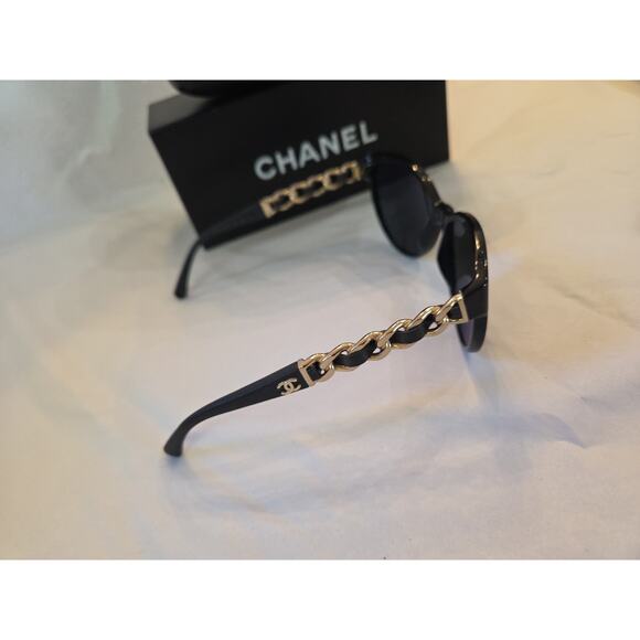 Chanel CLASSIC Black CAT- EYE Sunglasses GOLD CHAIN Leather GOLD CC logo Box main image 7